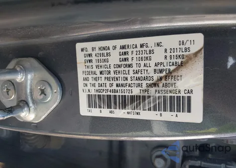 2011 Honda Accord 2.4 Lx-P from USA, damaged, VIN 1HGCP2F46BA150725